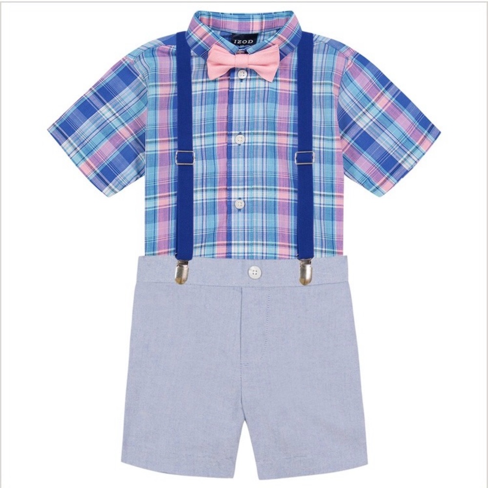 Izod 4-Piece Easter Set Pink Plaid Shirt Blue-striped Shorts Suspenders Bow 12 M
